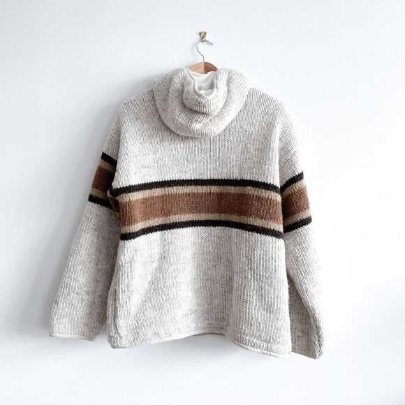 RARE Laundromat Men Full Zip Wool Knit Hooded Jacket Off-White Brown Size Medium - Picture 2 of 7